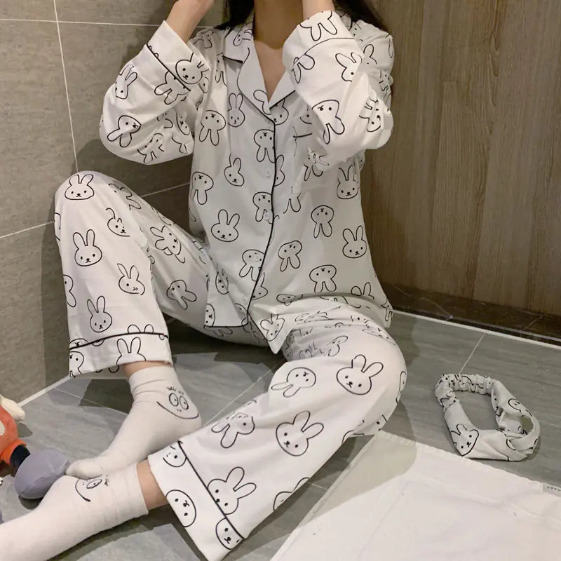 Cotton Rabbit Print Long Sleeve Homewear Pajama Set