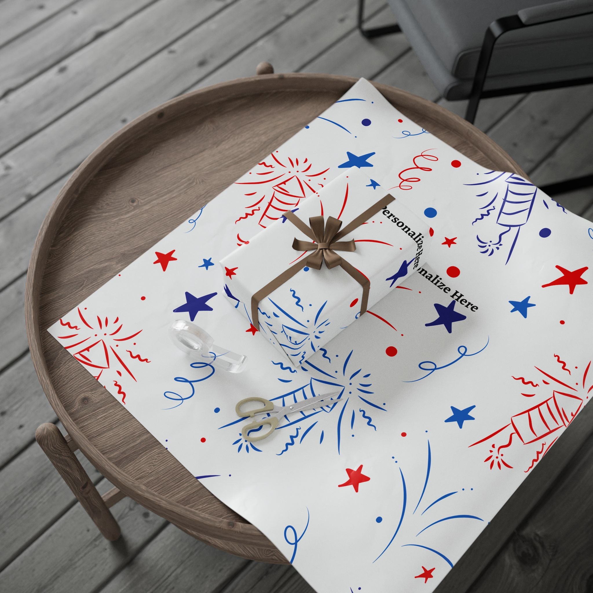 Firework Confetti Wrapping Paper — Customizable "Personalize Here" Gift Wrap (Patriotic Red & Blue)
