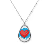Heart Arrow Oval Necklace — Silver Teardrop Pendant with Red Heart Design