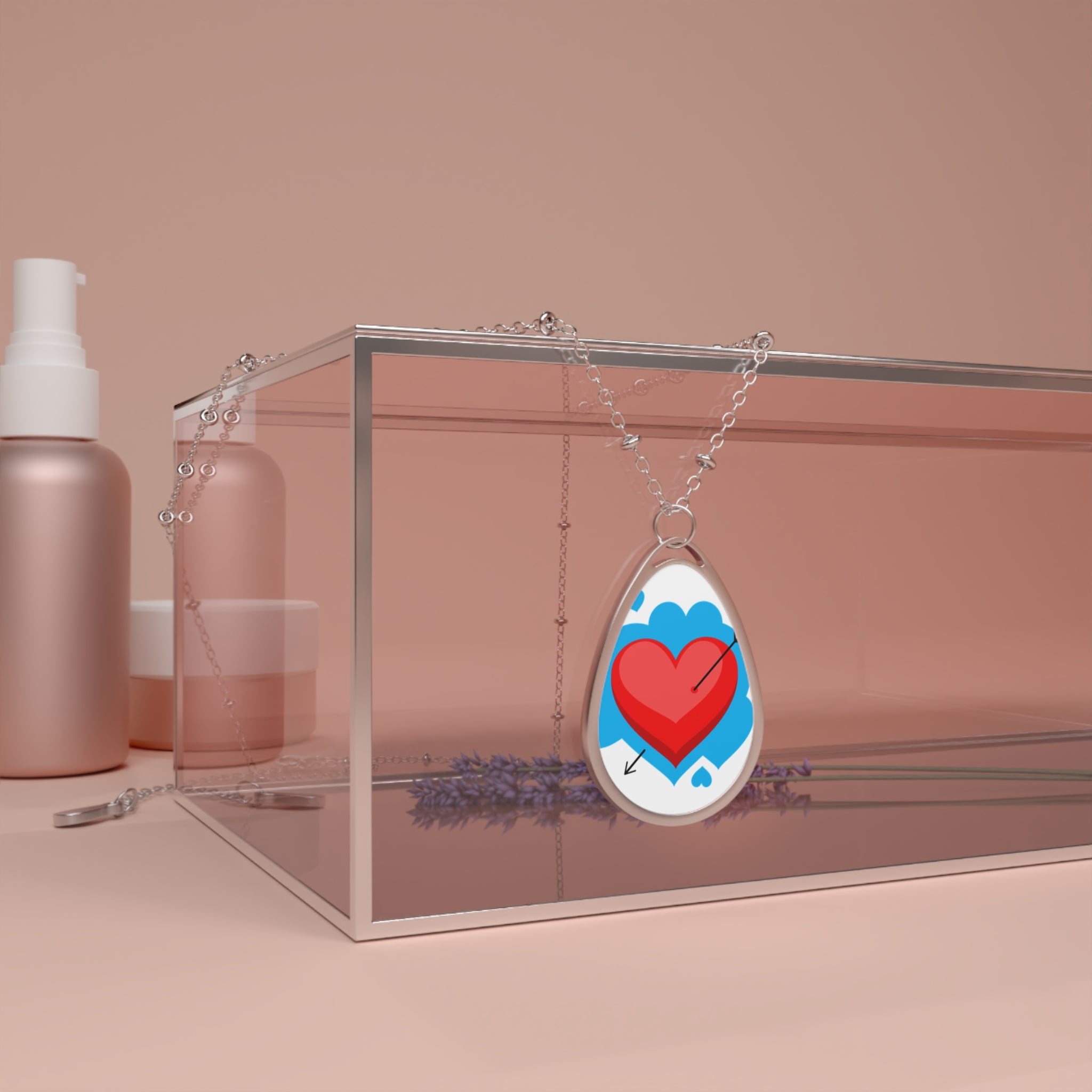 Heart Arrow Oval Necklace — Silver Teardrop Pendant with Red Heart Design