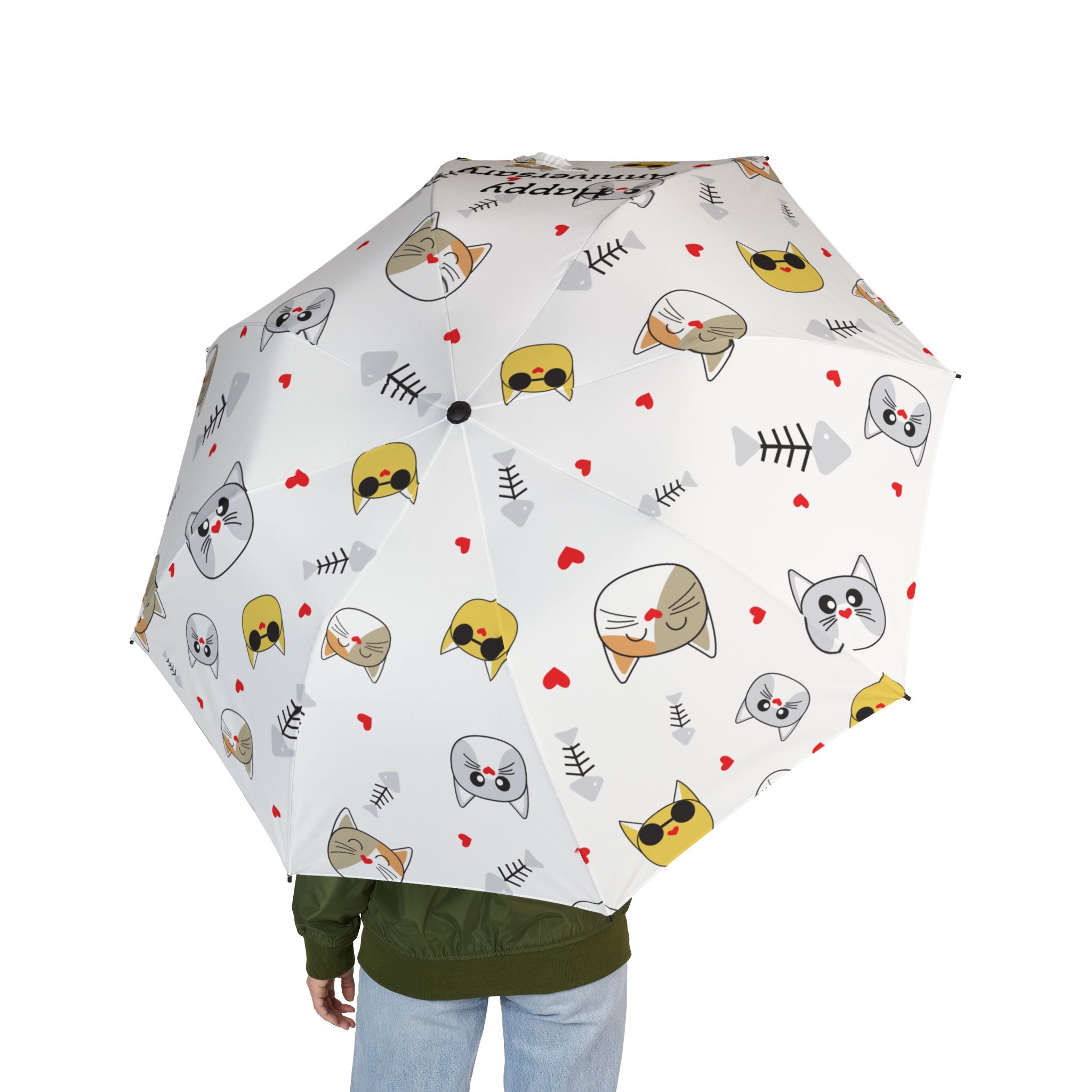Foldable Cat Pattern Umbrella — Semi-Automatic Compact Rain Umbrella with Cute Cat Faces