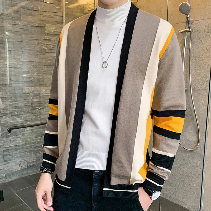 Men's Fashion Color-block Striped Knit Cardigan