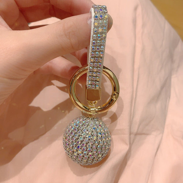 Multicolor Rhinestone Crystal Ball Keychain with Leather Strap