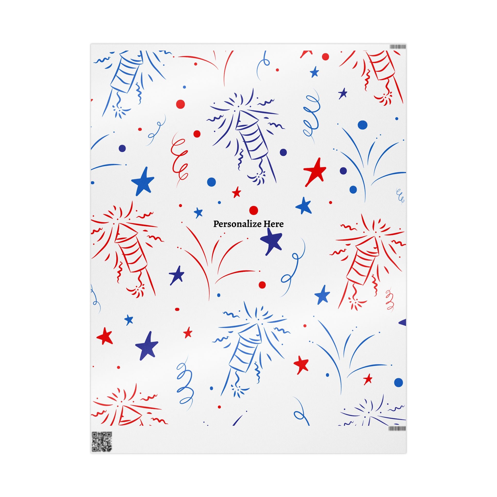 Firework Confetti Wrapping Paper — Customizable "Personalize Here" Gift Wrap (Patriotic Red & Blue)
