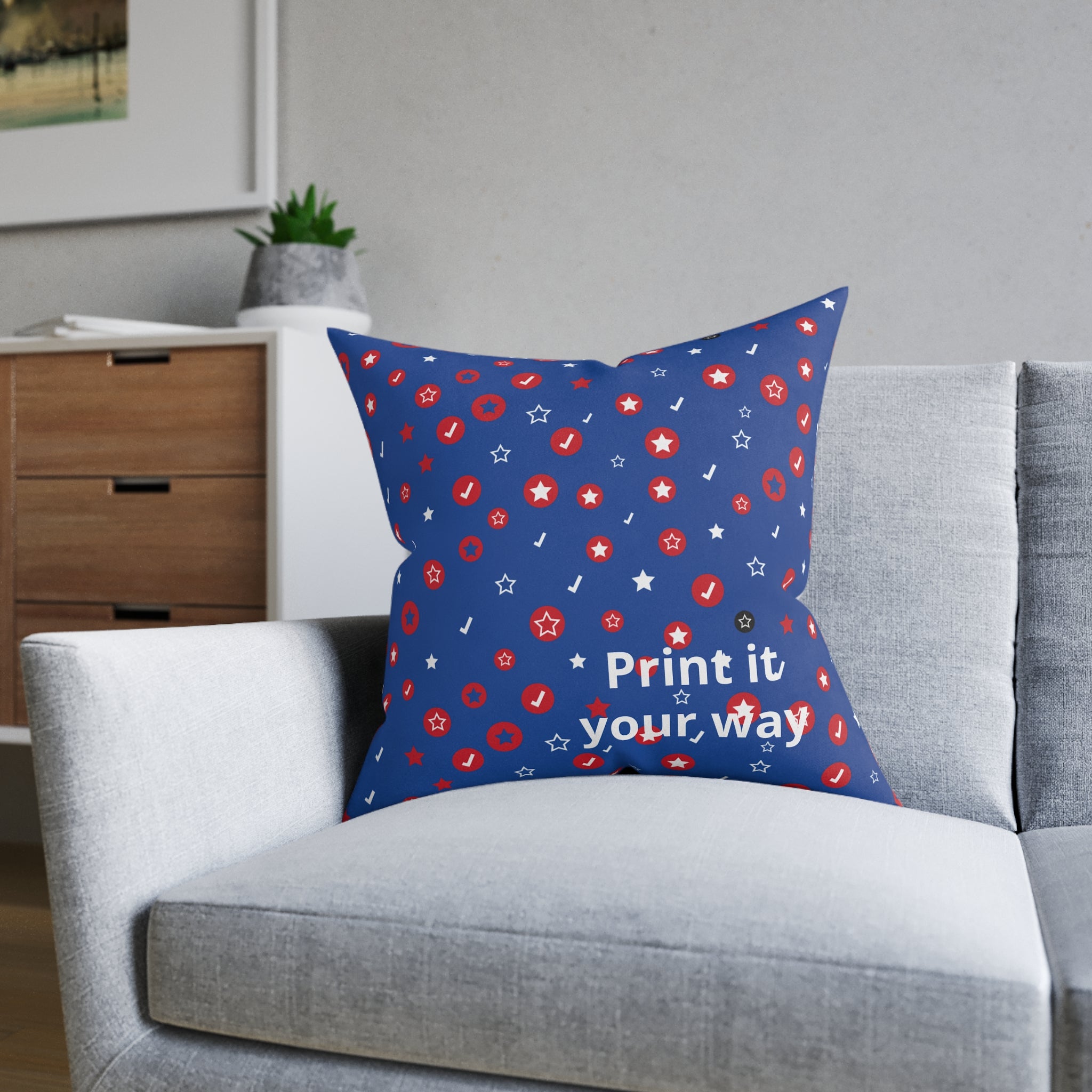Patriotic Confetti Square Pillow — Red, White & Blue Star Pattern Decorative Throw Pillow