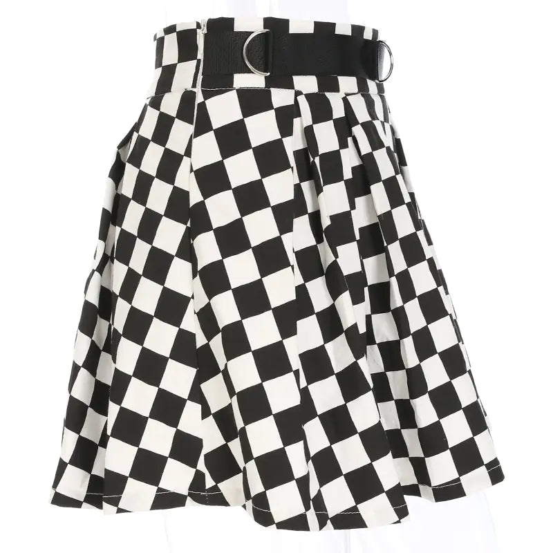 High Waist Black and White Checkered Skirt for Women