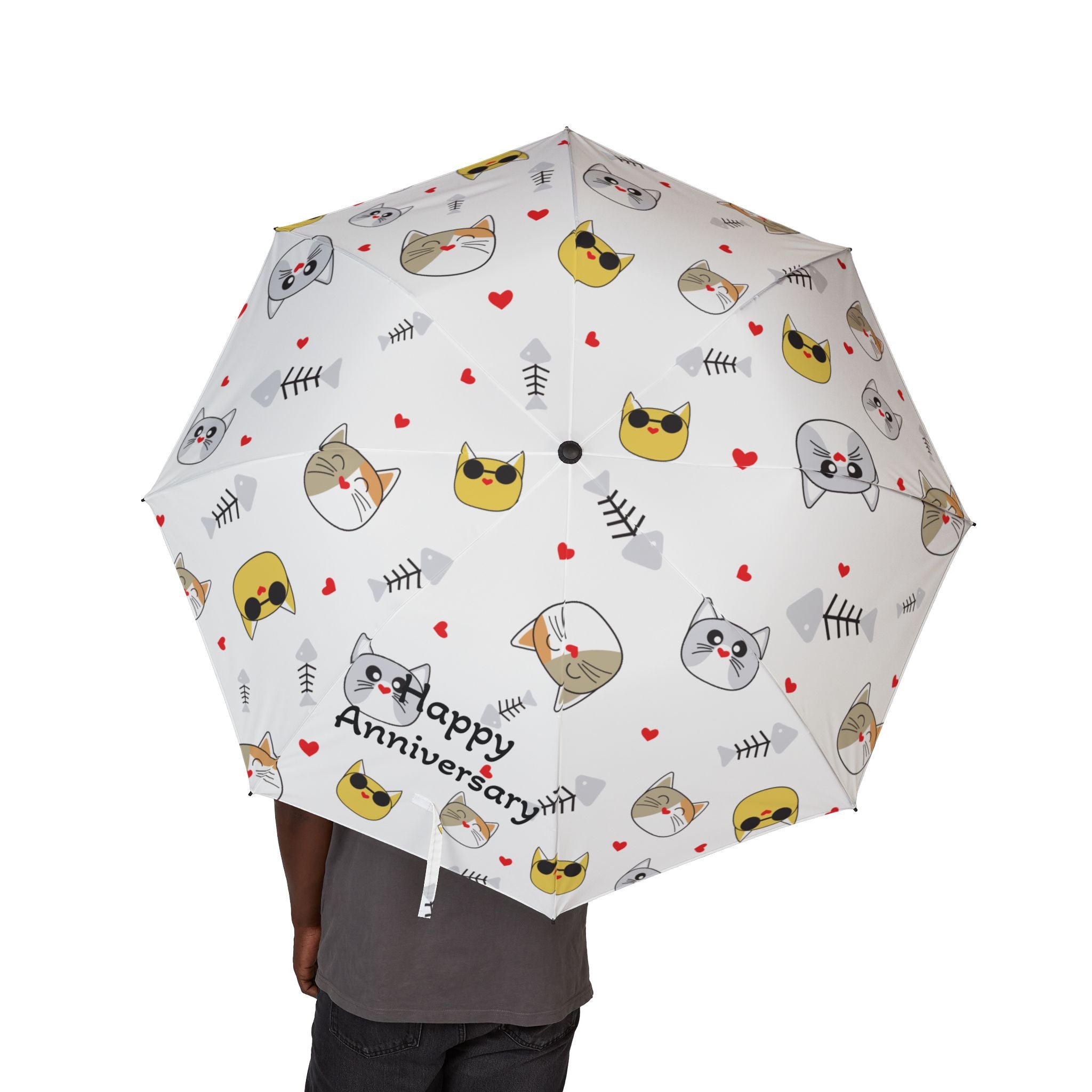 Foldable Cat Pattern Umbrella — Semi-Automatic Compact Rain Umbrella with Cute Cat Faces