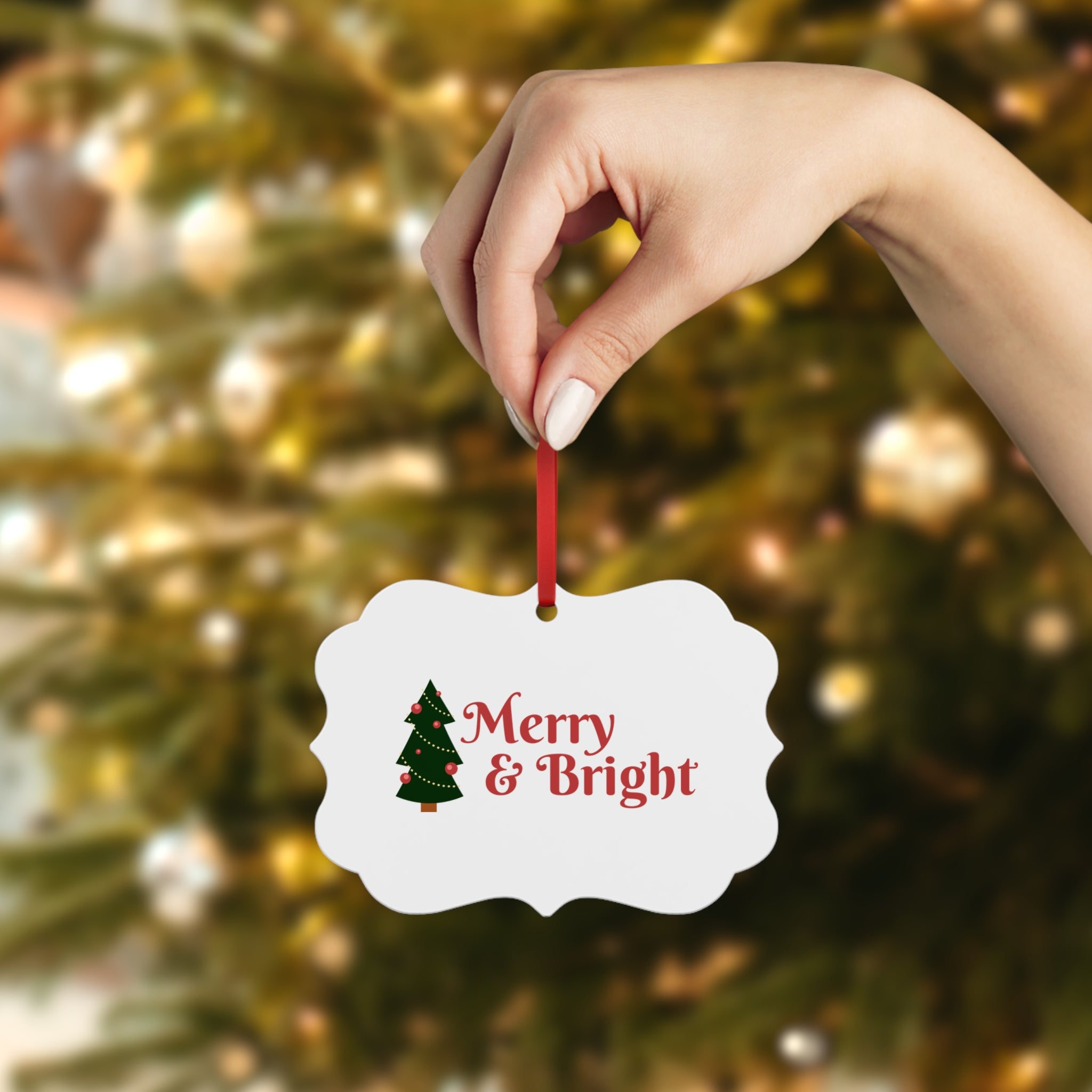 Merry & Bright Metal Plaque Ornament — Christmas Tree Holiday Decor