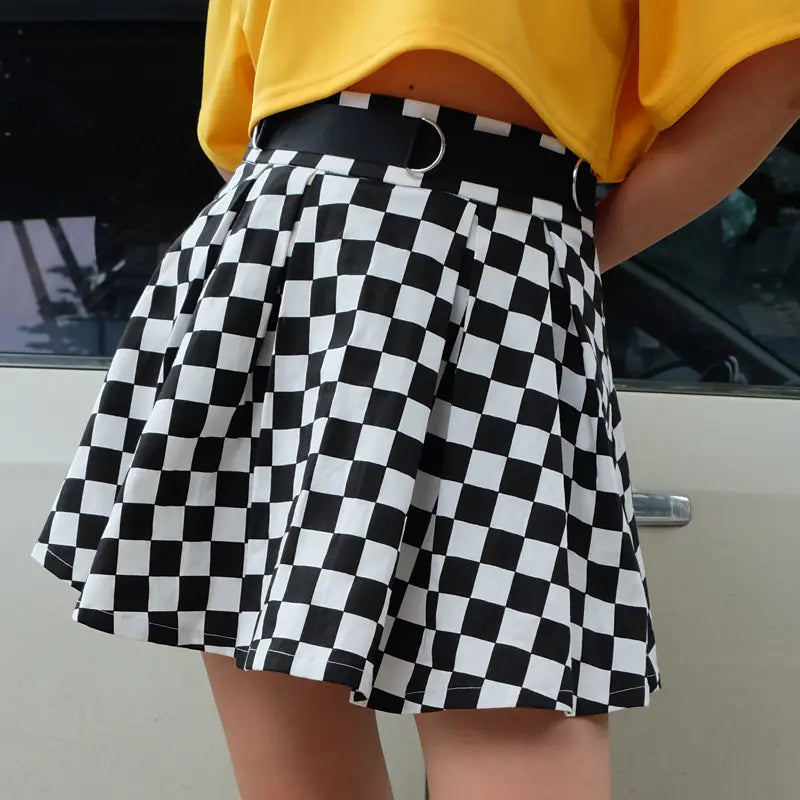 High Waist Black and White Checkered Skirt for Women
