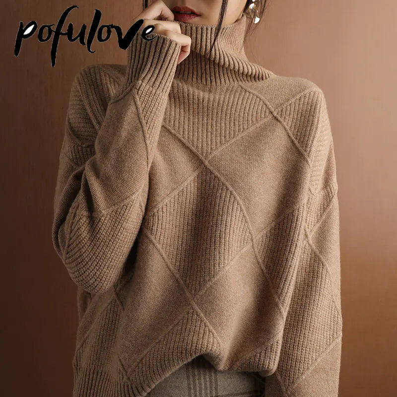 Wool High-Neck Thick Knitted Sweater for Women