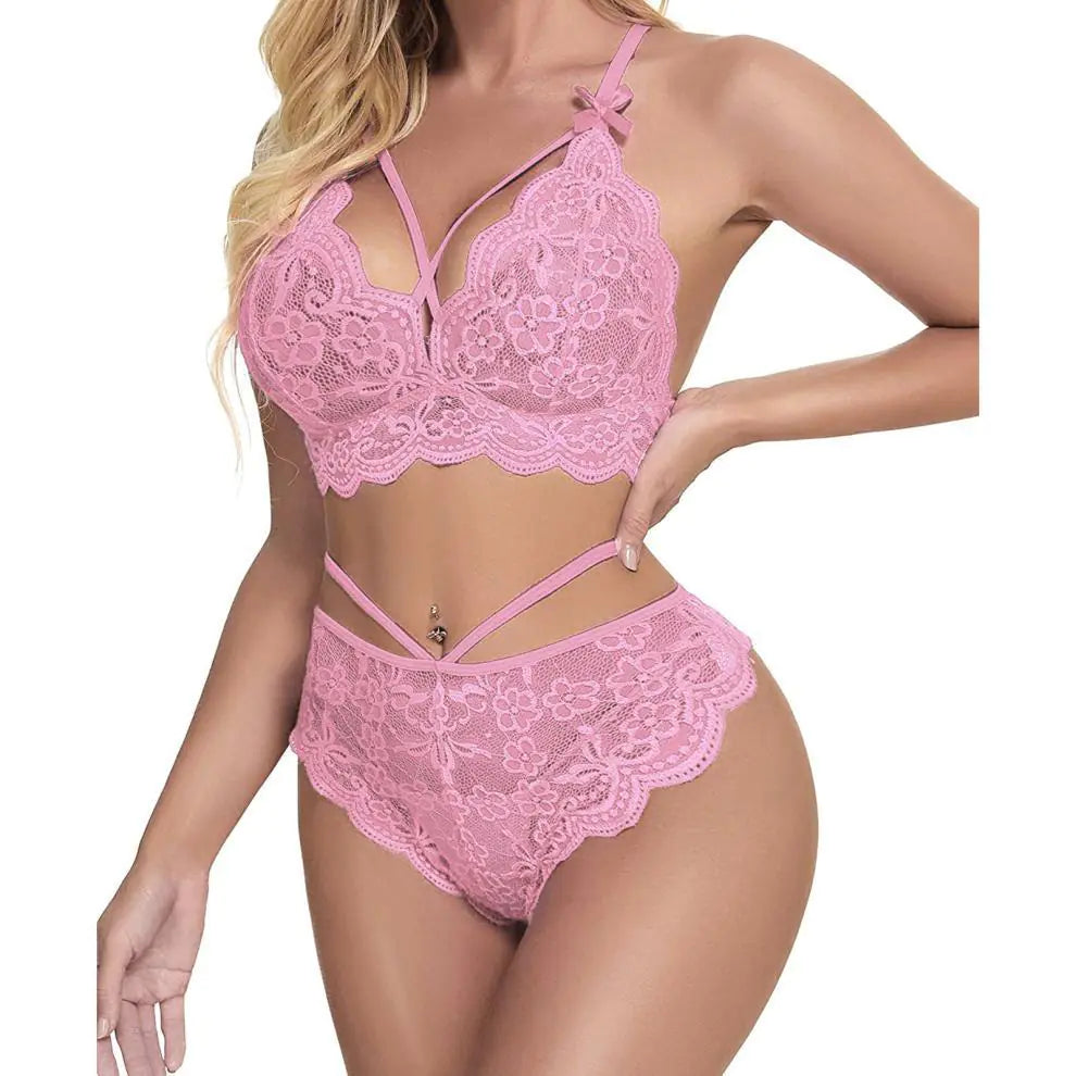 Lace Bra and Brief Set with Cross Belt for Women