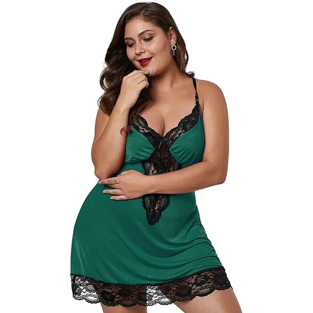 Plus Size Satin Lace Spaghetti Strap Nightgown Set