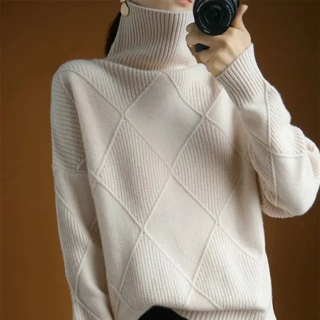 Wool High-Neck Thick Knitted Sweater for Women
