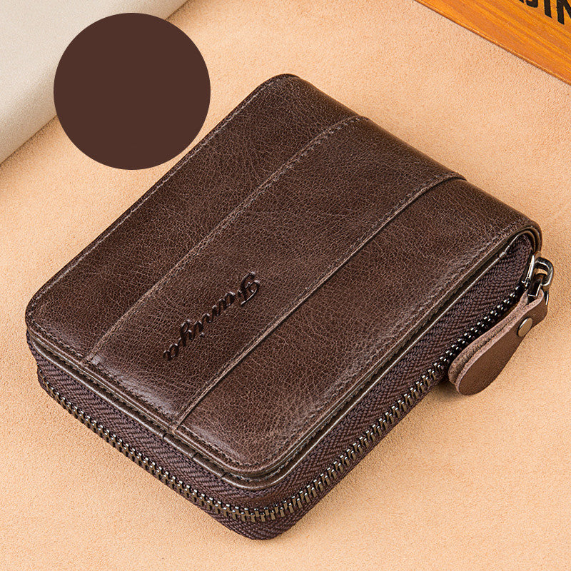 Men's Short Leather Wallet with Multi-Function Zipper