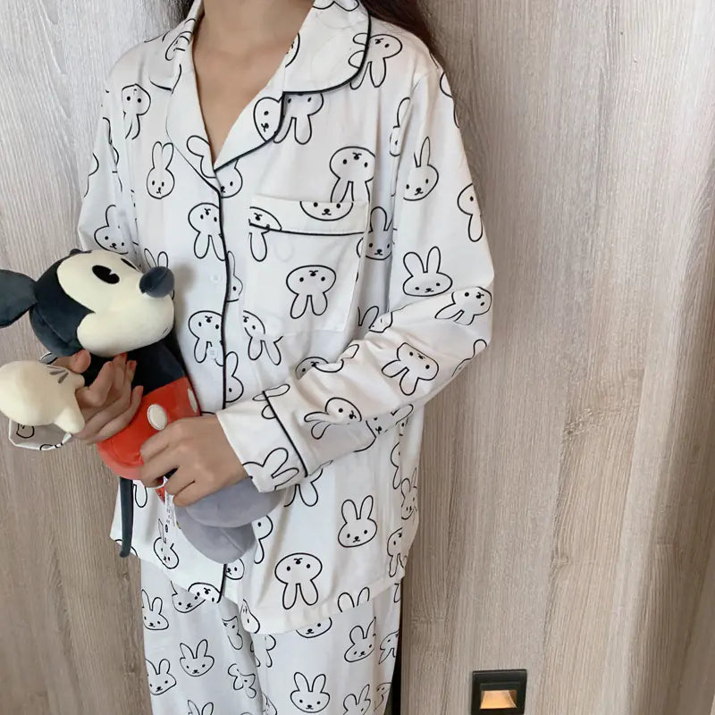 Cotton Rabbit Print Long Sleeve Homewear Pajama Set
