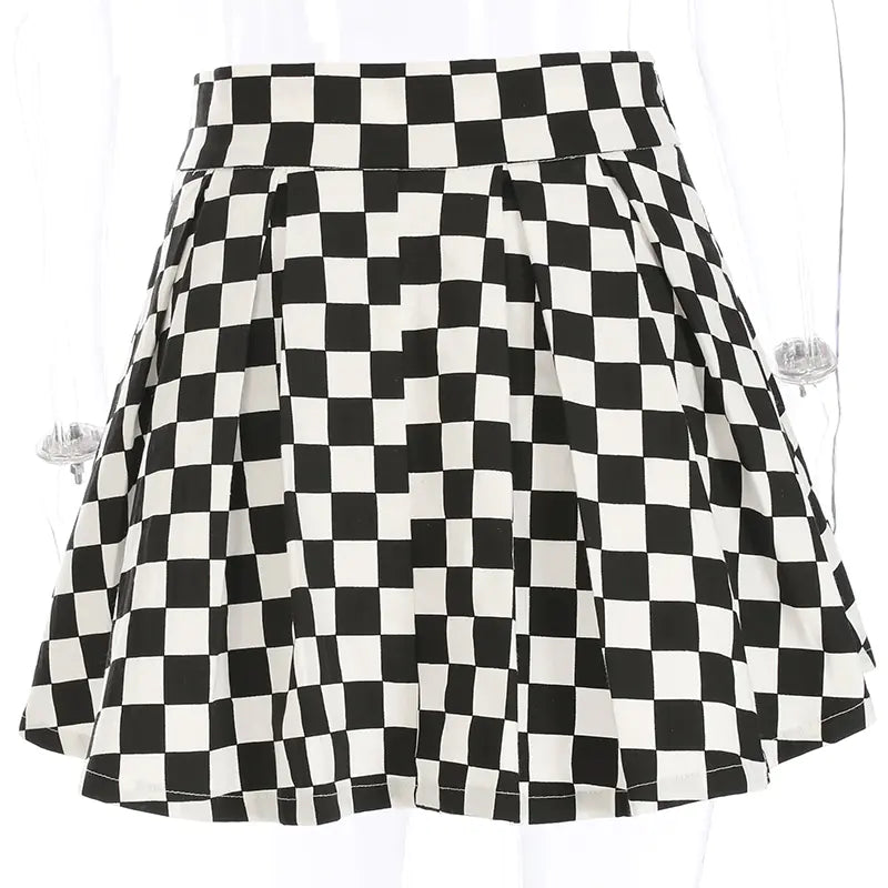 High Waist Black and White Checkered Skirt for Women