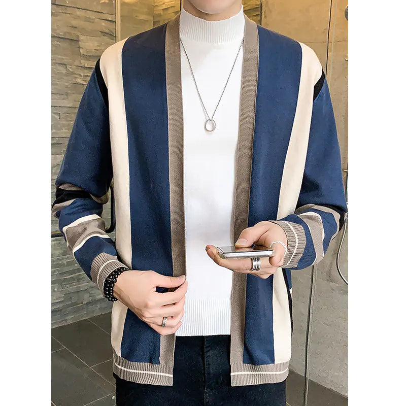 Men's Fashion Color-block Striped Knit Cardigan