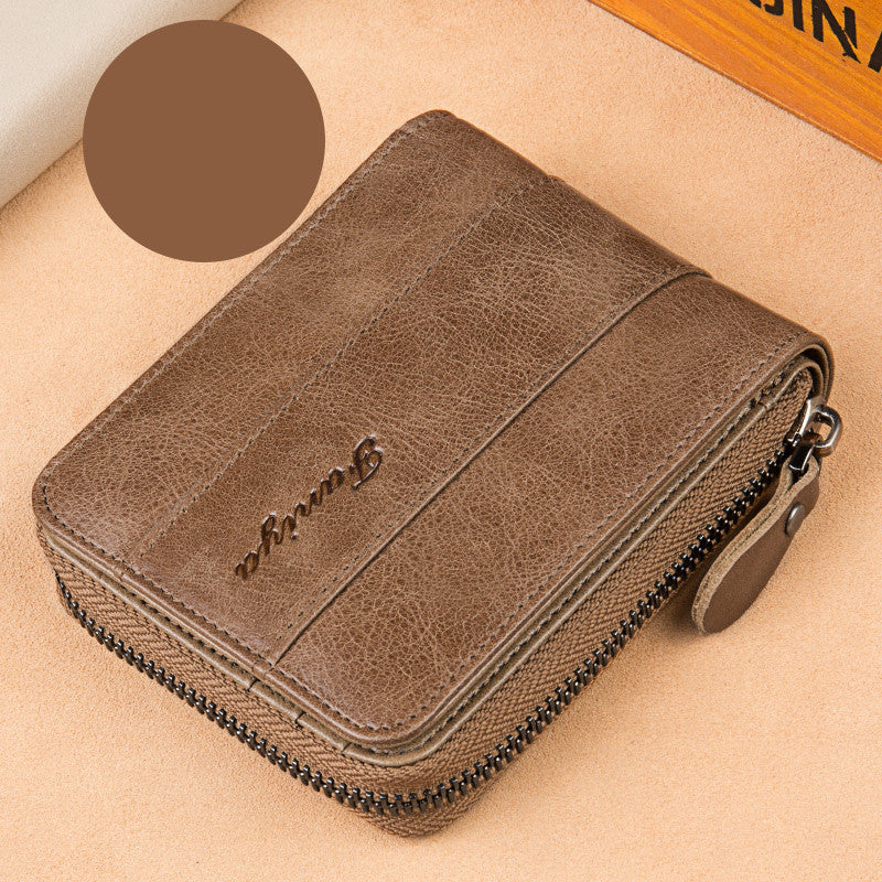 Men's Short Leather Wallet with Multi-Function Zipper