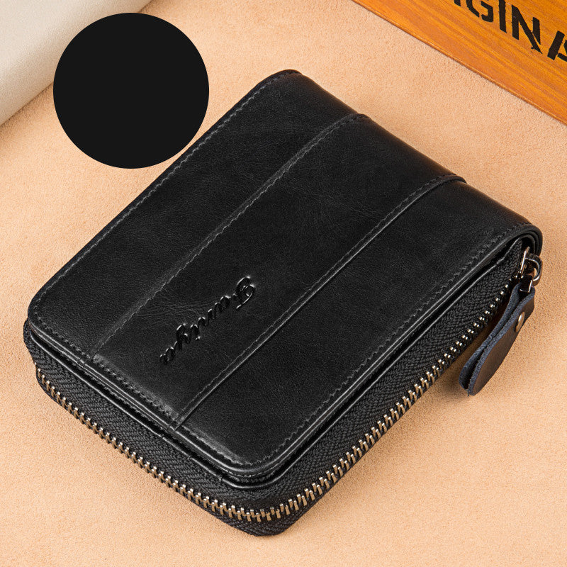 Men's Short Leather Wallet with Multi-Function Zipper