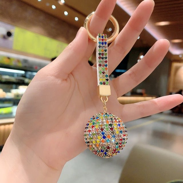 Multicolor Rhinestone Crystal Ball Keychain with Leather Strap