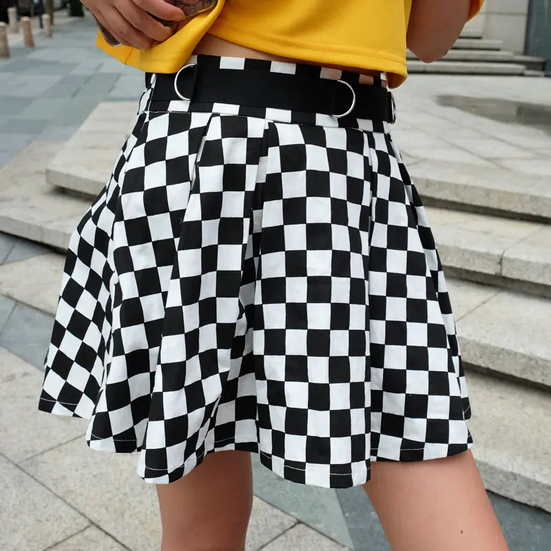 High Waist Black and White Checkered Skirt for Women