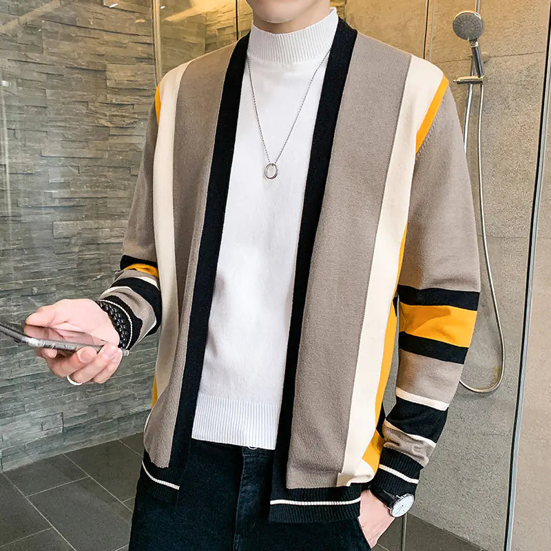 Men's Fashion Color-block Striped Knit Cardigan