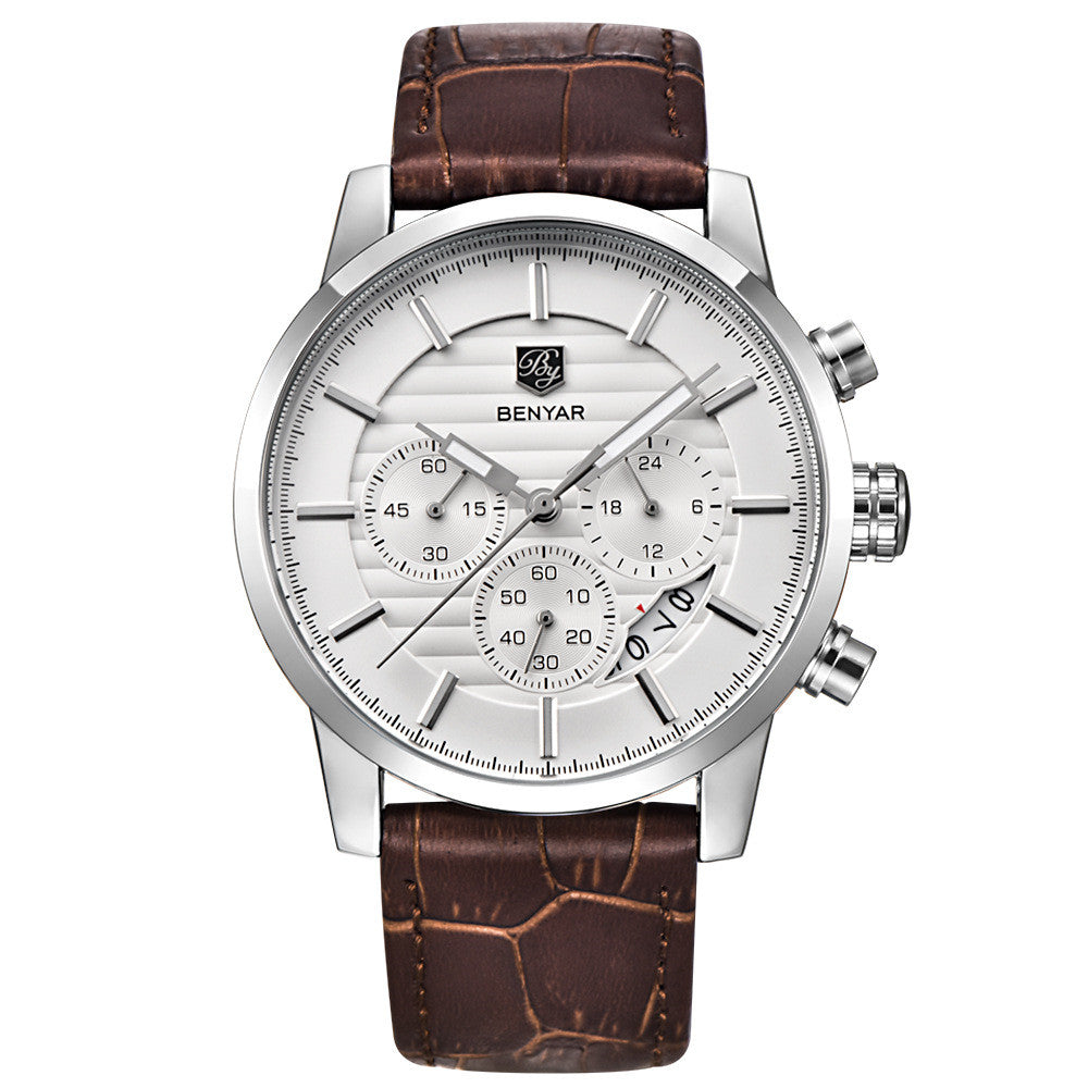 Men's Genuine Leather Multifunction Watch by BENYAR