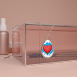 Heart Arrow Oval Necklace — Silver Teardrop Pendant with Red Heart Design