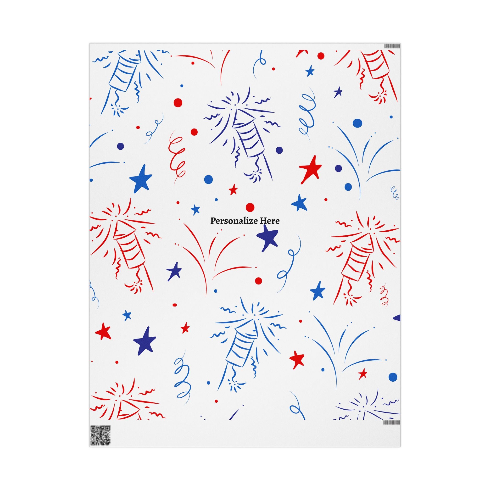 Firework Confetti Wrapping Paper — Customizable "Personalize Here" Gift Wrap (Patriotic Red & Blue)