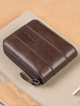 Men's Short Leather Wallet with Multi-Function Zipper