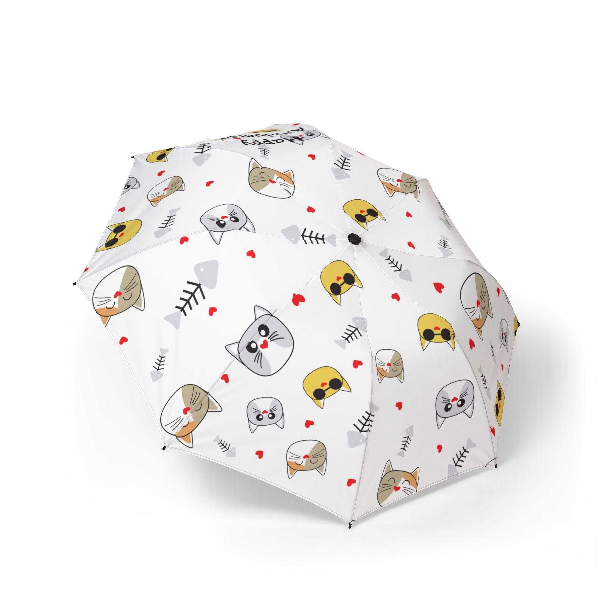 Foldable Cat Pattern Umbrella — Semi-Automatic Compact Rain Umbrella with Cute Cat Faces