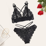 Lace Bra and Brief Set with Cross Belt for Women