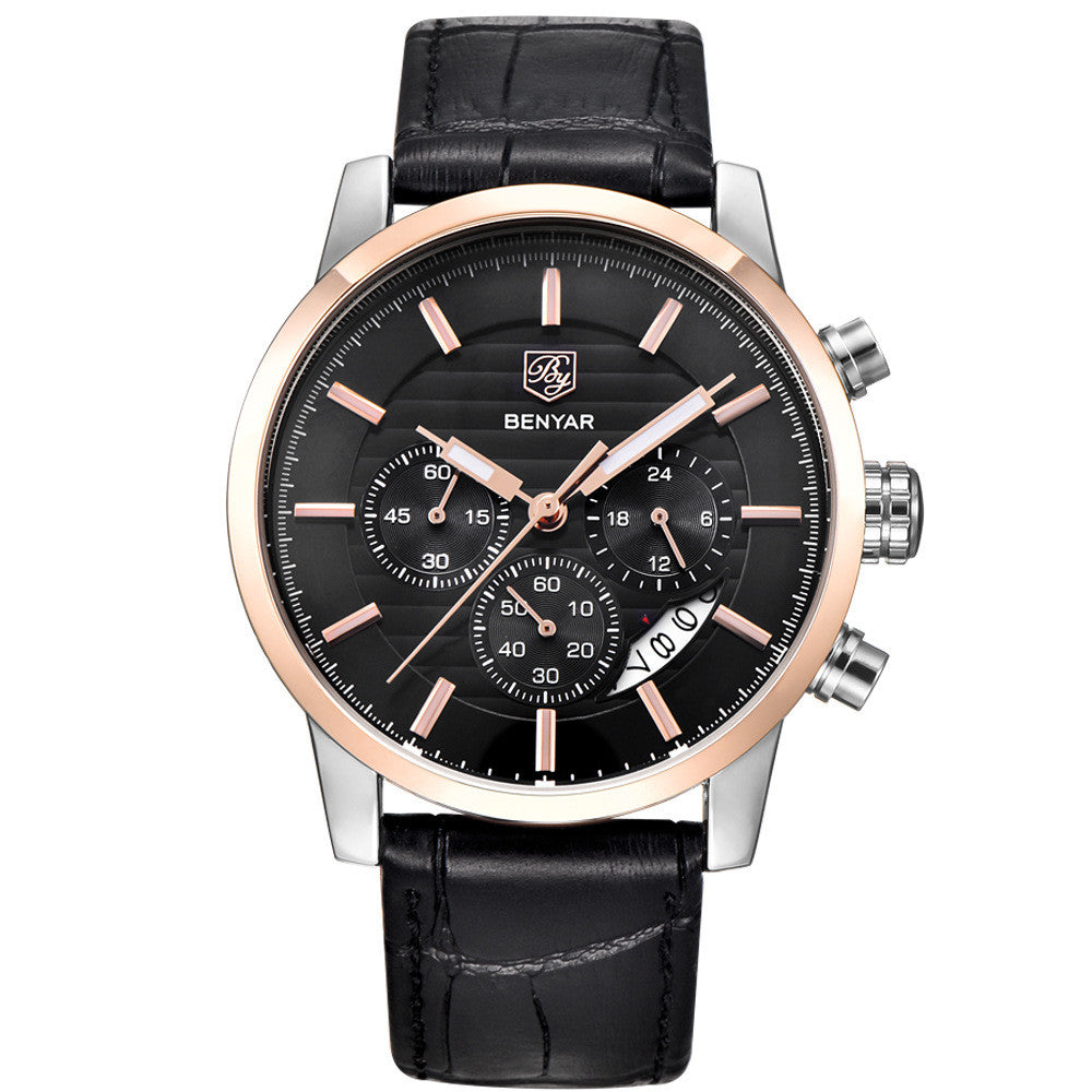 Men's Genuine Leather Multifunction Watch by BENYAR