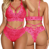 Lace Bra and Brief Set with Cross Belt for Women