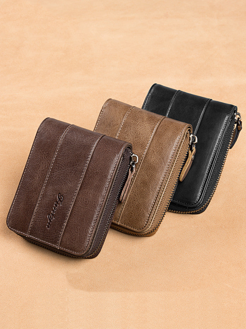 Men's Short Leather Wallet with Multi-Function Zipper